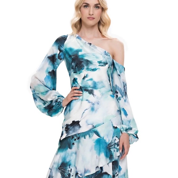Theia One-Shoulder Draped Watercolor Hibiscus Dress - Picture 5 of 11